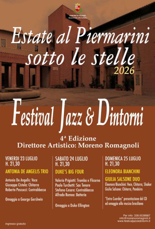 Festival Jazz & Dintorni 2026 a Foligno: dal 23 al 25 luglio tre serate di musica in Piazza Piermarini